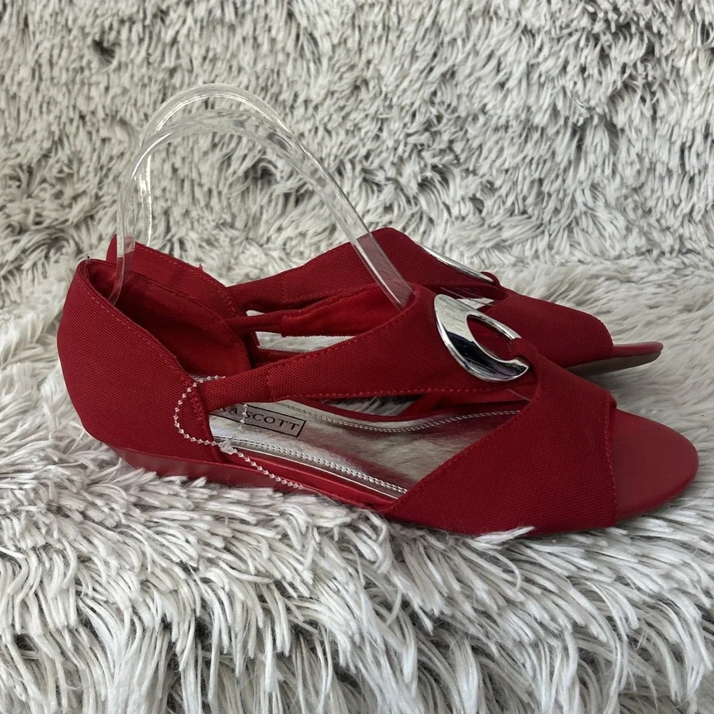 Laura Scott Red Open-Toe Wedge Sandals with Silver Accent